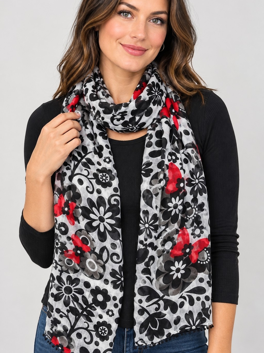 Disney Parks Hidden Mickey Scarf Black Red Gray Floral Rayon Fringe Wrap Shawl